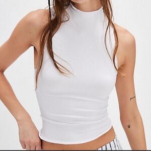 Free People  White Ribbed Mock Neck Tank Top keyhole back M/L